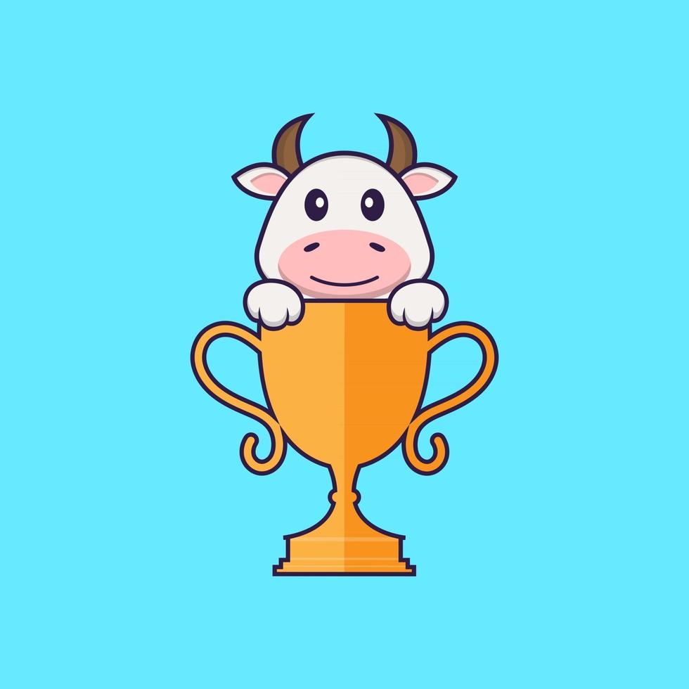Cute cow with gold trophy. Animal cartoon concept isolated. Can used for t-shirt, greeting card, invitation card or mascot. Flat Cartoon Style vector
