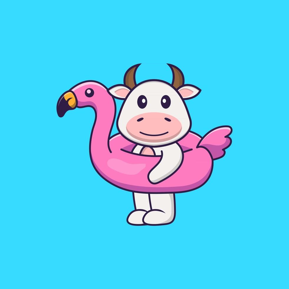 linda vaca con boya flamingo. aislado concepto de dibujos animados de animales. Puede utilizarse para camiseta, tarjeta de felicitación, tarjeta de invitación o mascota. estilo de dibujos animados plana vector