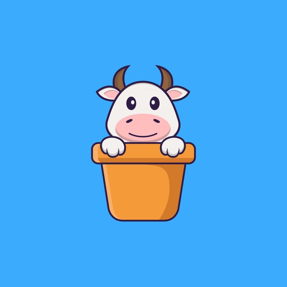 Cute cow in a flower vase. Animal cartoon concept isolated. Can used for t-shirt, greeting card, invitation card or mascot. Flat Cartoon Style vector