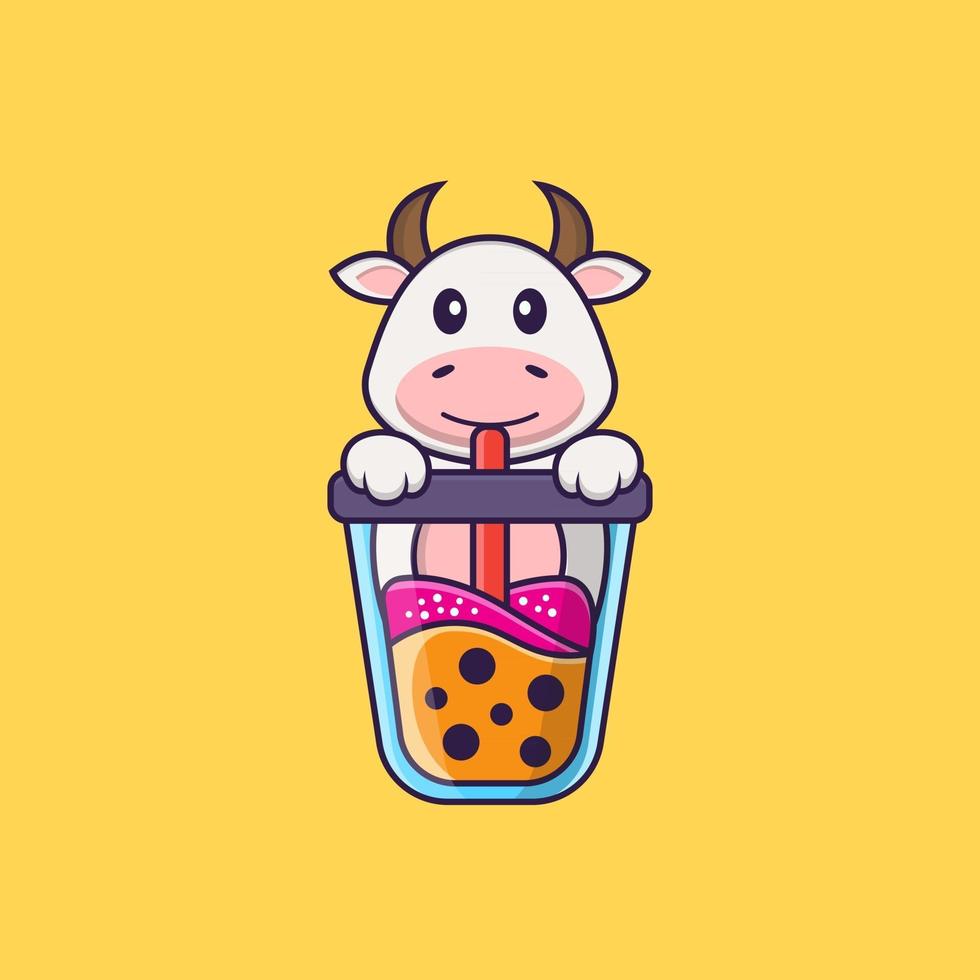 Linda vaca bebiendo té con leche de boba. aislado concepto de dibujos animados de animales. Puede utilizarse para camiseta, tarjeta de felicitación, tarjeta de invitación o mascota. estilo de dibujos animados plana vector