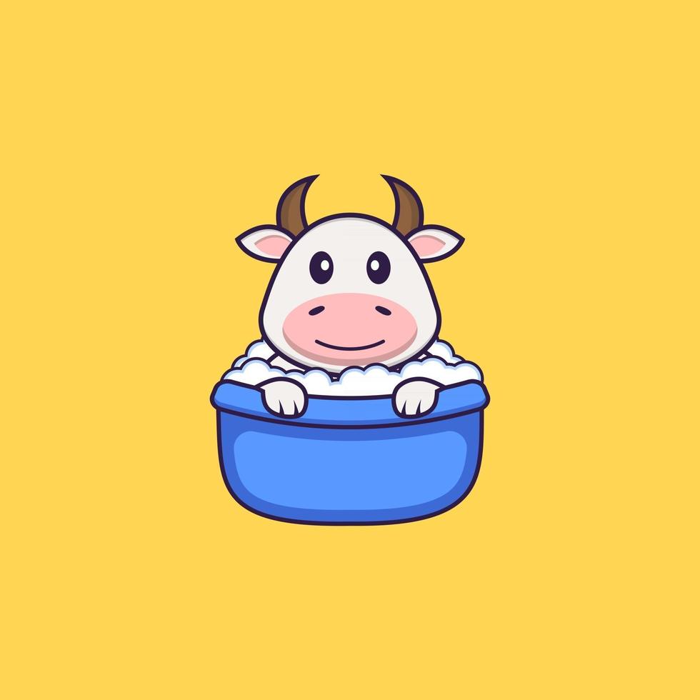 Cute cow taking a bath in the bathtub. Animal cartoon concept isolated. Can used for t-shirt, greeting card, invitation card or mascot. Flat Cartoon Style vector
