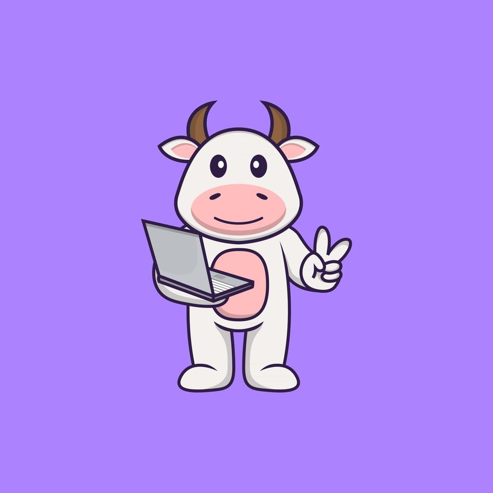 Cute cow holding laptop. Animal cartoon concept isolated. Can used for t-shirt, greeting card, invitation card or mascot. Flat Cartoon Style vector