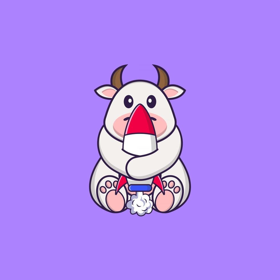 Cute cow holding a rocket. Animal cartoon concept isolated. Can used for t-shirt, greeting card, invitation card or mascot. Flat Cartoon Style vector