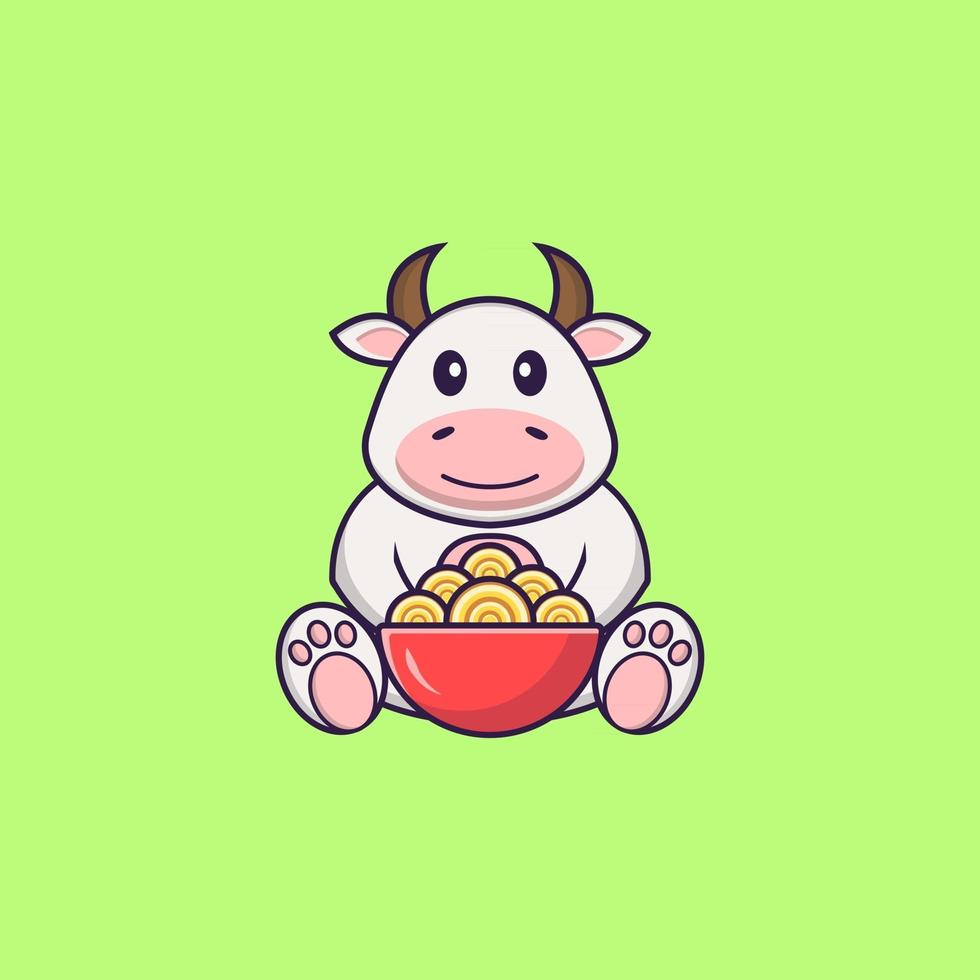 Cute cow eating ramen noodles. Animal cartoon concept isolated. Can used for t-shirt, greeting card, invitation card or mascot. Flat Cartoon Style vector