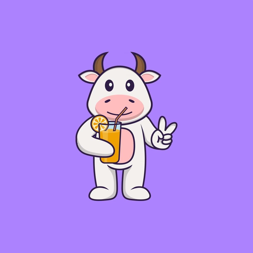 Cute cow holding orange juice in glass. Animal cartoon concept isolated. Can used for t-shirt, greeting card, invitation card or mascot. Flat Cartoon Style vector