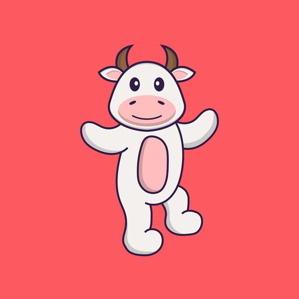 Cute cow is dancing. Animal cartoon concept isolated. Can used for t-shirt, greeting card, invitation card or mascot. Flat Cartoon Style vector