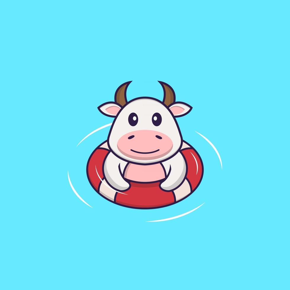 Cute cow is Swimming with a buoy. Animal cartoon concept isolated. Can used for t-shirt, greeting card, invitation card or mascot. Flat Cartoon Style vector
