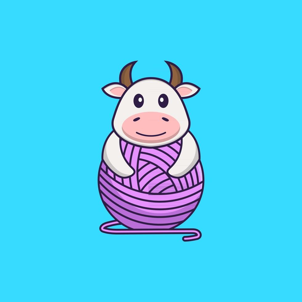 Cute cow playing with wool yarn. Animal cartoon concept isolated. Can used for t-shirt, greeting card, invitation card or mascot. Flat Cartoon Style vector