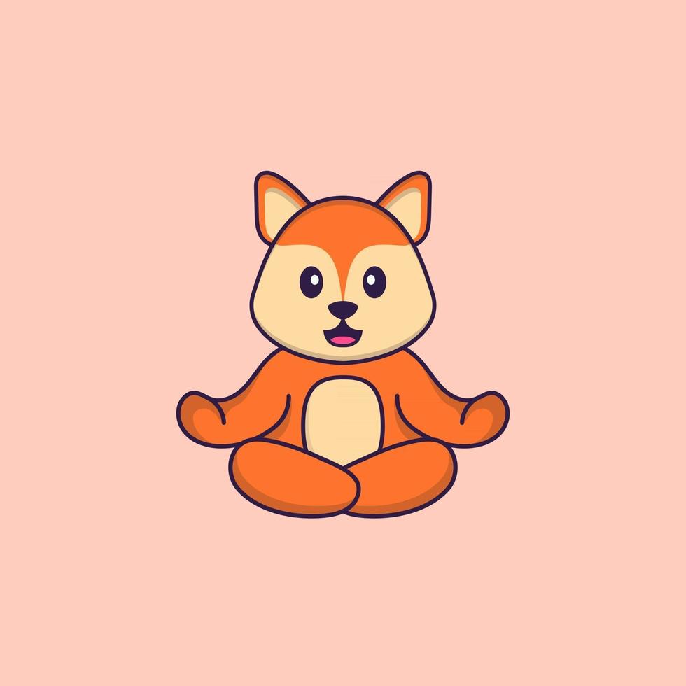 Cute fox is meditating or doing yoga. Animal cartoon concept isolated. Can used for t-shirt, greeting card, invitation card or mascot. Flat Cartoon Style vector