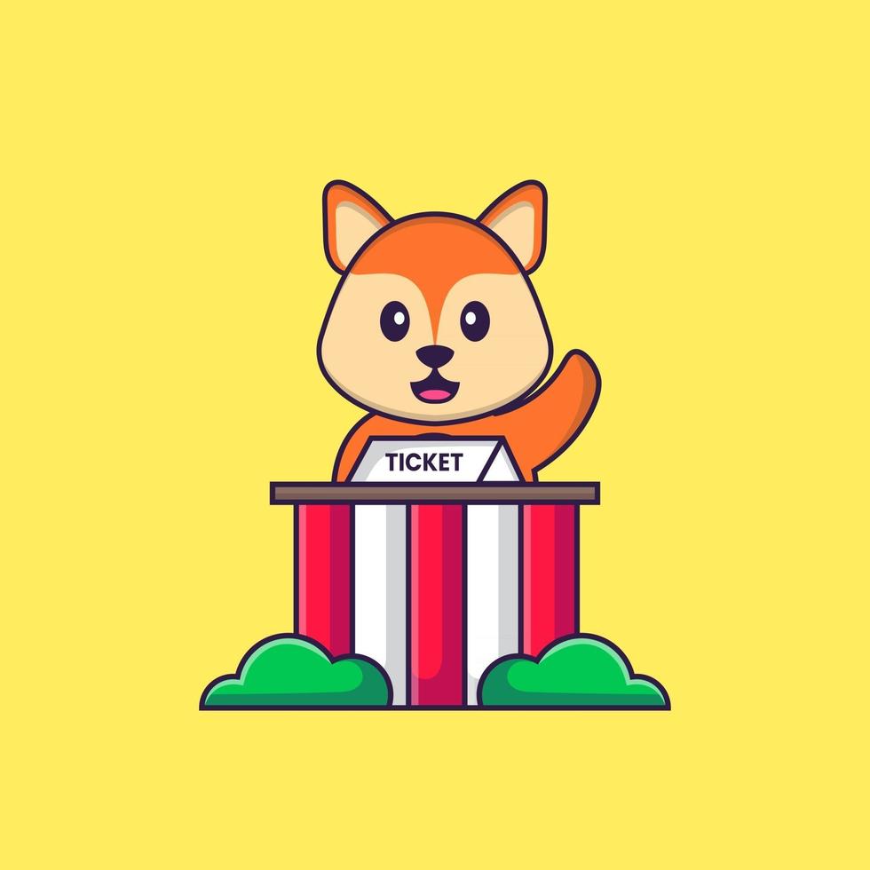 Cute fox is being a ticket keeper. Animal cartoon concept isolated. Can used for t-shirt, greeting card, invitation card or mascot. Flat Cartoon Style vector