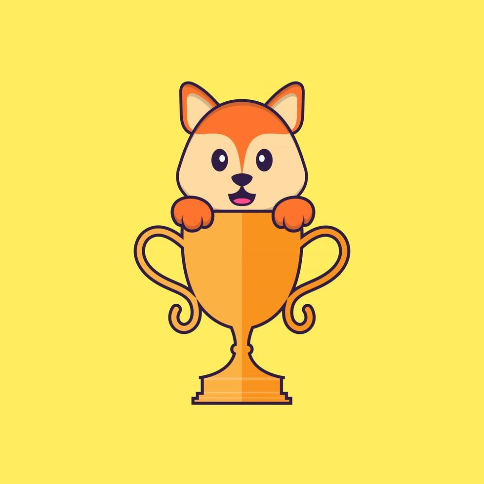 Cute fox with gold trophy. Animal cartoon concept isolated. Can used for t-shirt, greeting card, invitation card or mascot. Flat Cartoon Style vector