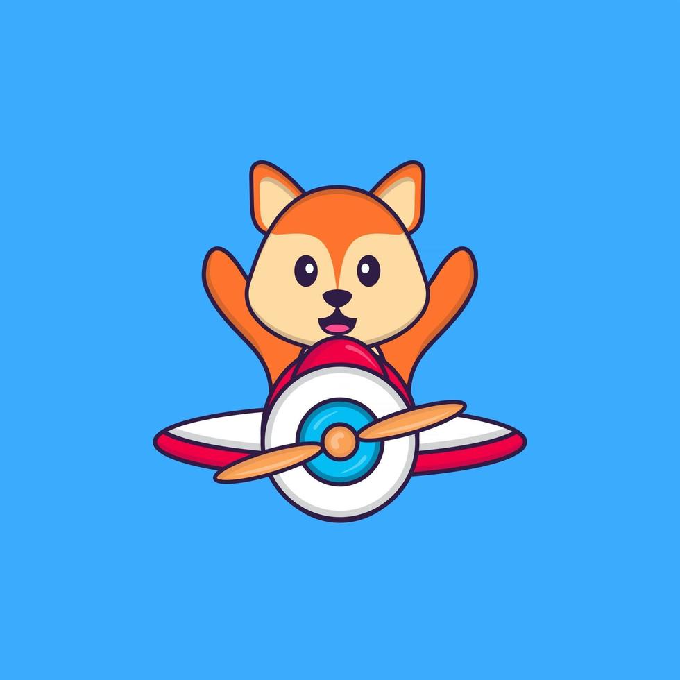 Cute fox flying on a plane. Animal cartoon concept isolated. Can used for t-shirt, greeting card, invitation card or mascot. Flat Cartoon Style vector