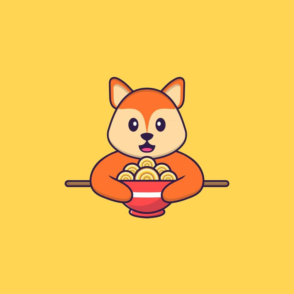 Cute fox eating ramen noodles. Animal cartoon concept isolated. Can used for tshirt, greeting