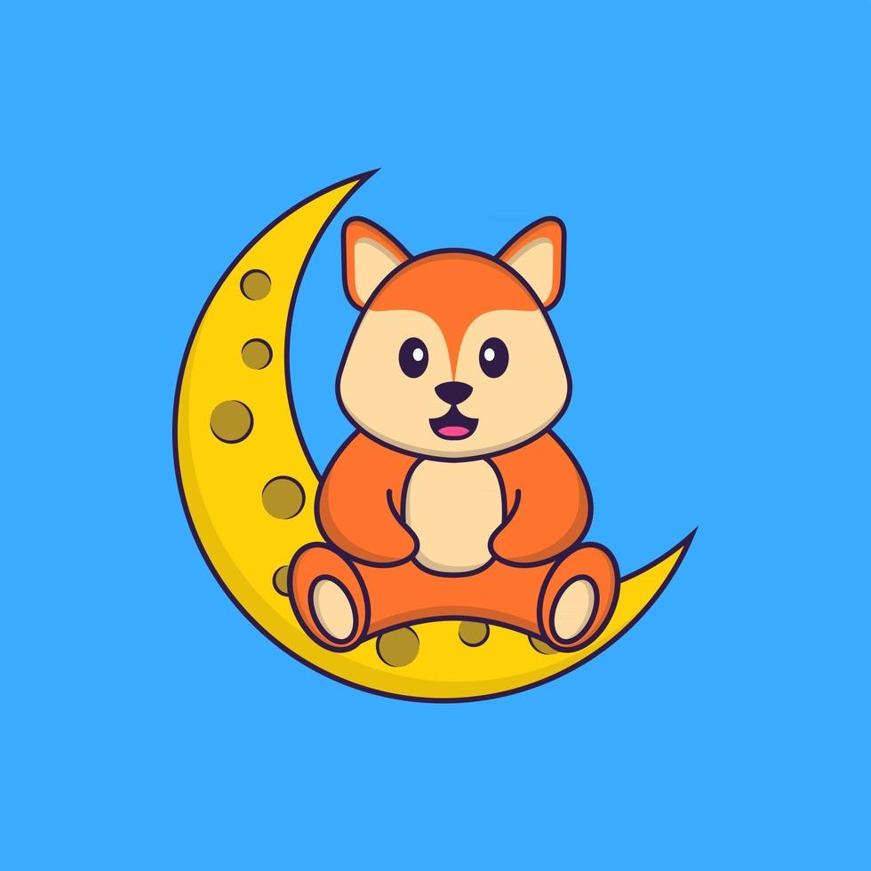 Cute fox is sitting on the moon. Animal cartoon concept isolated. Can used for t-shirt, greeting card, invitation card or mascot. Flat Cartoon Style vector