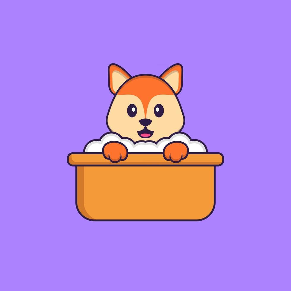 Cute fox taking a bath in the bathtub. Animal cartoon concept isolated. Can used for t-shirt, greeting card, invitation card or mascot. Flat Cartoon Style vector