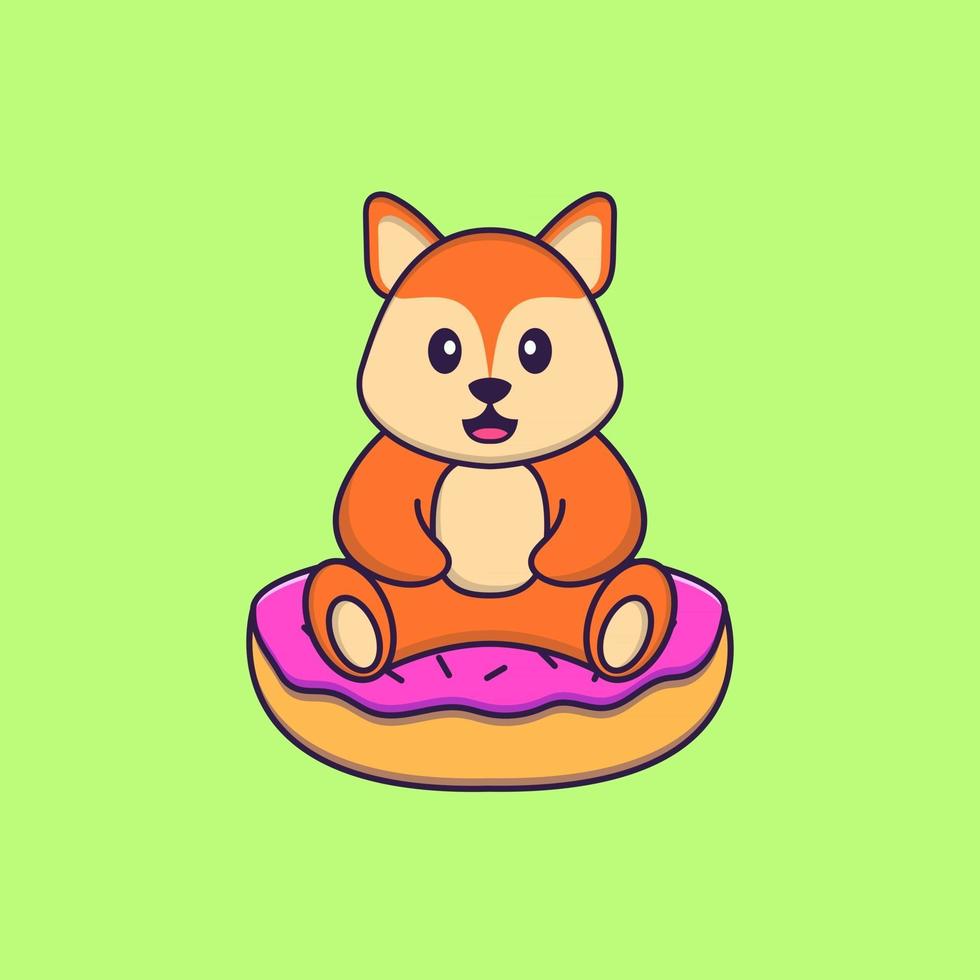 Cute fox is sitting on donuts. Animal cartoon concept isolated. Can used for t-shirt, greeting card, invitation card or mascot. Flat Cartoon Style vector