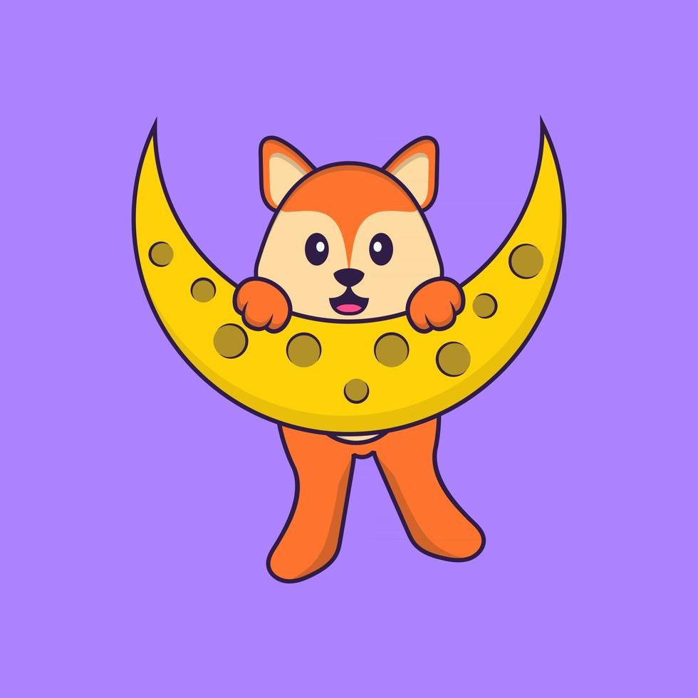 Cute fox is on the moon. Animal cartoon concept isolated. Can used for t-shirt, greeting card, invitation card or mascot. Flat Cartoon Style vector