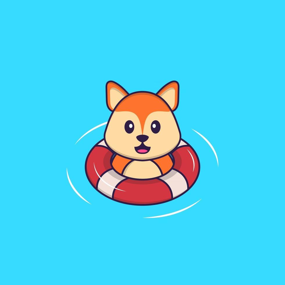 Cute fox is Swimming with a buoy. Animal cartoon concept isolated. Can used for t-shirt, greeting card, invitation card or mascot. Flat Cartoon Style vector