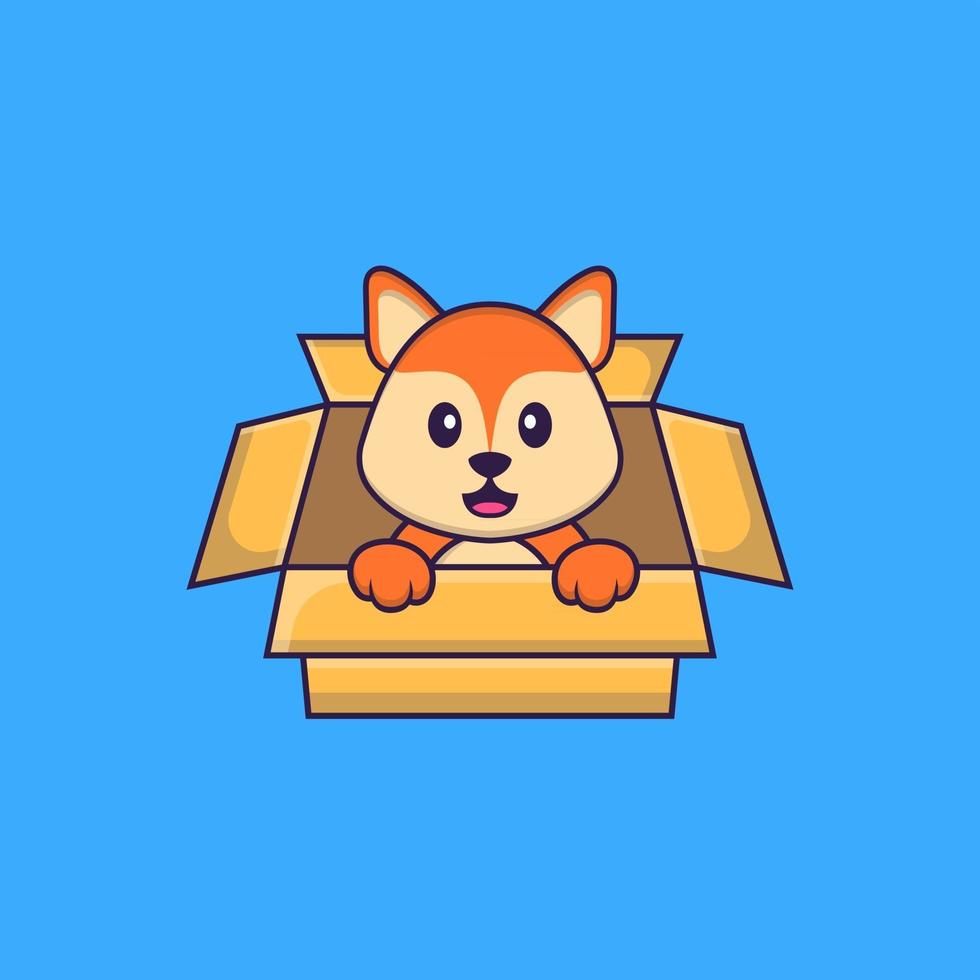 Cute fox Playing In Box. Animal cartoon concept isolated. Can used for t-shirt, greeting card, invitation card or mascot. Flat Cartoon Style vector