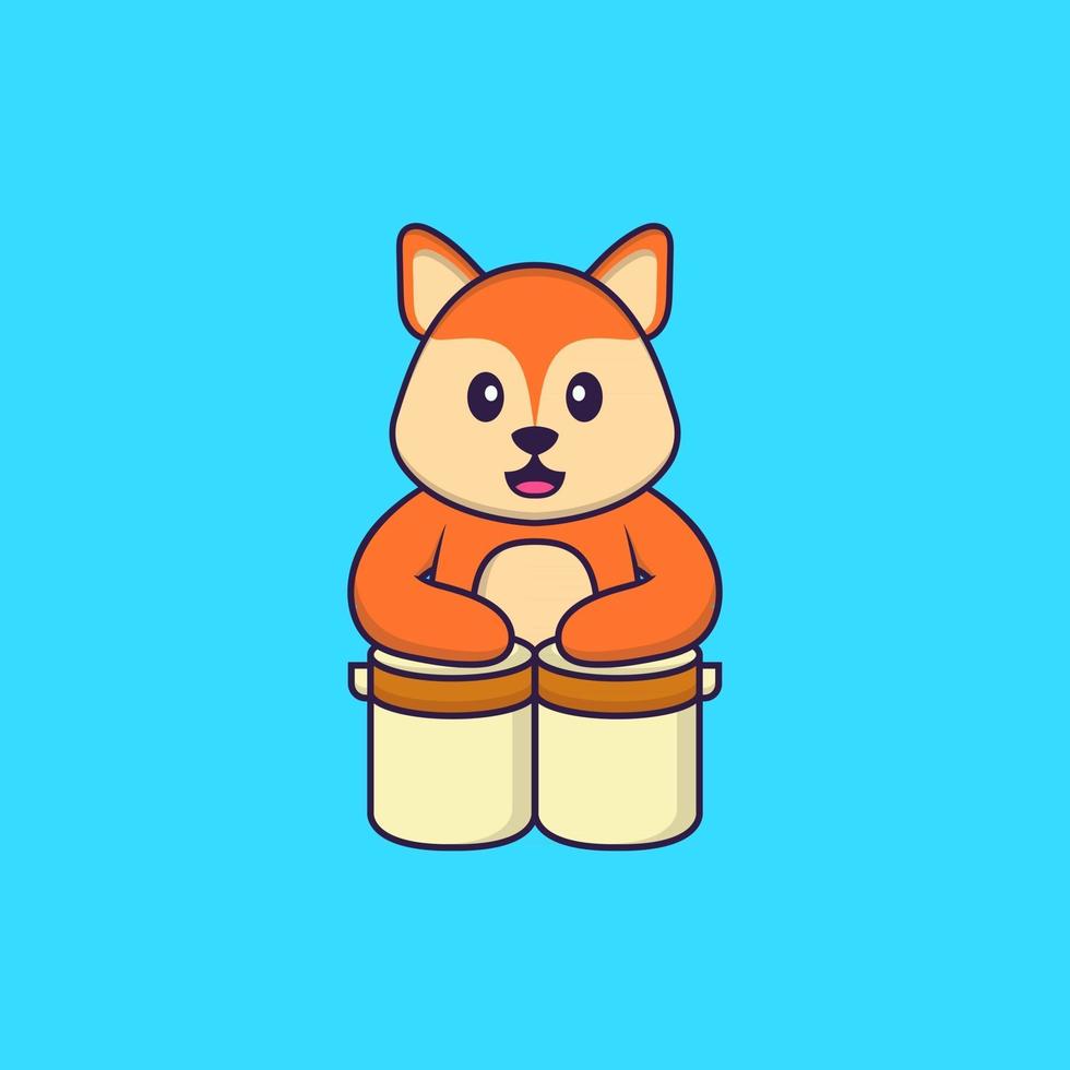 Cute fox is playing drums. Animal cartoon concept isolated. Can used for t-shirt, greeting card, invitation card or mascot. Flat Cartoon Style vector