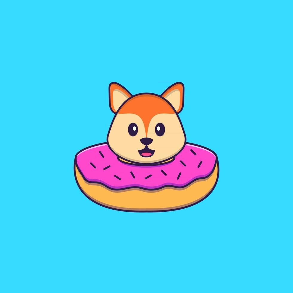 Cute fox with a donut on his neck. Animal cartoon concept isolated. Can used for t-shirt, greeting card, invitation card or mascot. Flat Cartoon Style vector