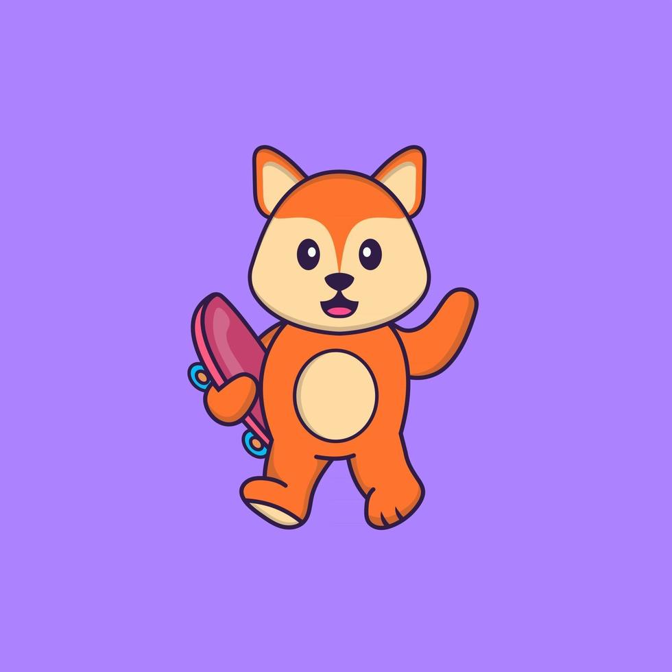 Cute fox holding a skateboard. Animal cartoon concept isolated. Can used for t-shirt, greeting card, invitation card or mascot. Flat Cartoon Style vector