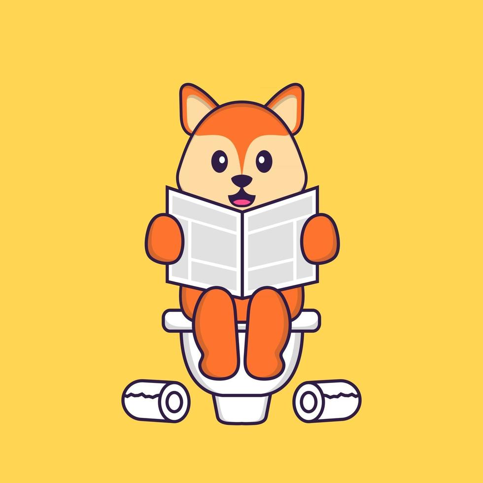 Cute fox Pooping On Toilet and read newspaper. Animal cartoon concept isolated. Can used for t-shirt, greeting card, invitation card or mascot. Flat Cartoon Style vector