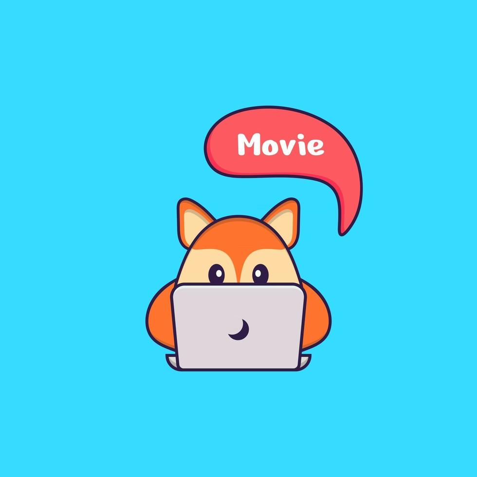 Cute fox is watching a movie. Animal cartoon concept isolated. Can used for t-shirt, greeting card, invitation card or mascot. Flat Cartoon Style vector