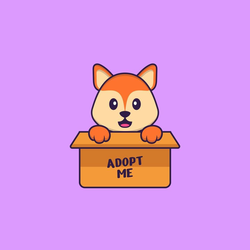 Cute fox in box with a poster Adopt me. Animal cartoon concept isolated. Can used for t-shirt, greeting card, invitation card or mascot. Flat Cartoon Style vector