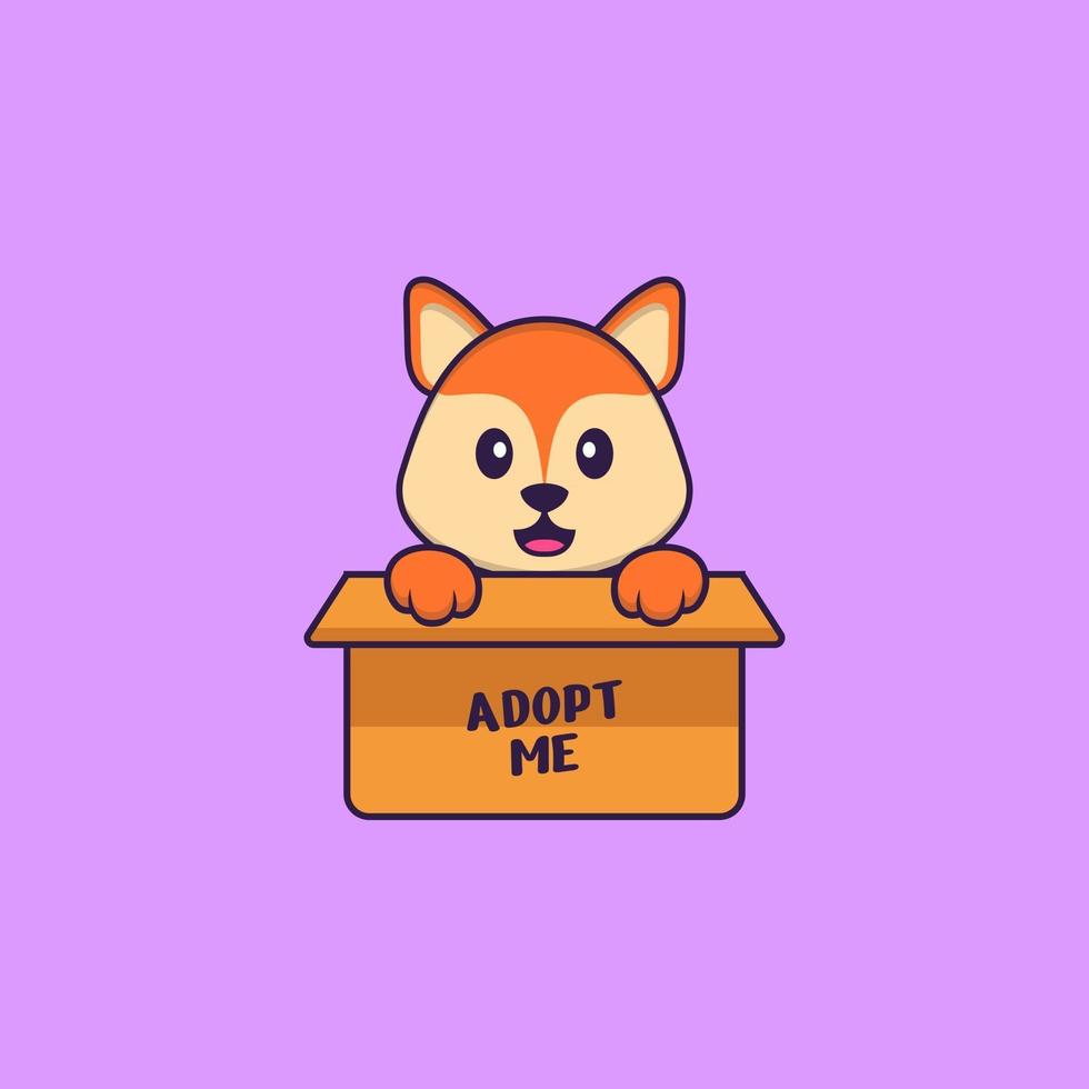 Cute fox in box with a poster Adopt me. Animal cartoon concept isolated. Can used for t-shirt, greeting card, invitation card or mascot. Flat Cartoon Style vector