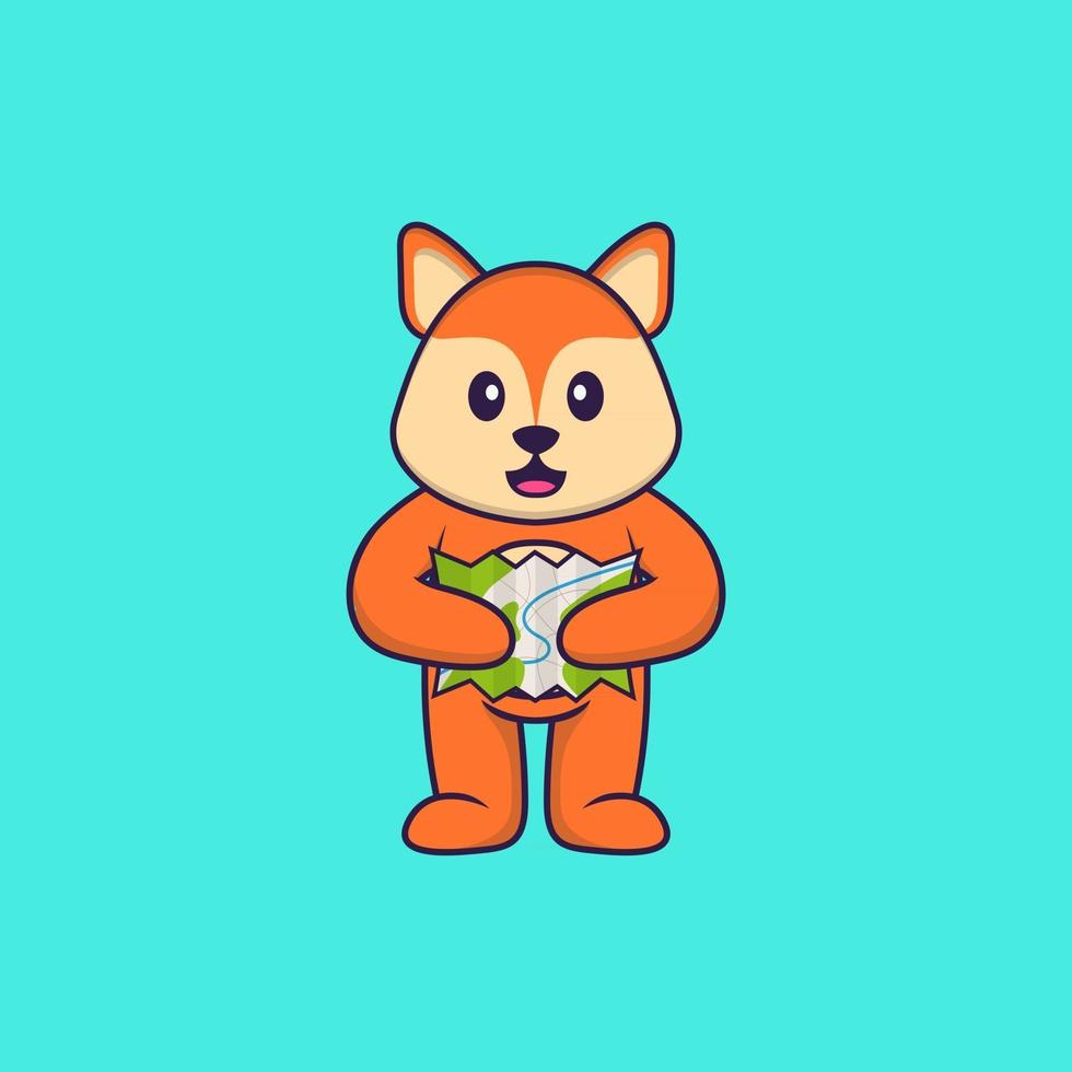 Cute fox holding a map. Animal cartoon concept isolated. Can used for t-shirt, greeting card, invitation card or mascot. Flat Cartoon Style vector