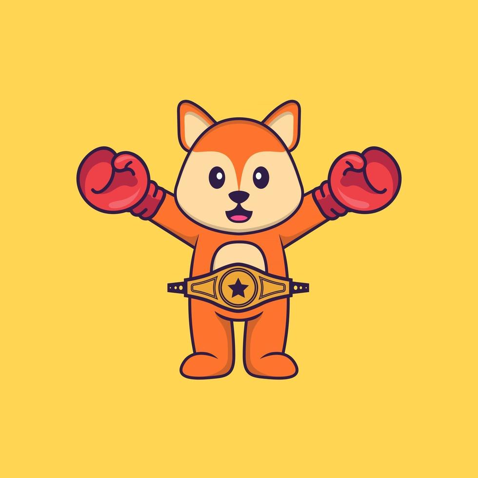 Cute fox in boxer costume with champion belt. Animal cartoon concept isolated. Can used for t-shirt, greeting card, invitation card or mascot. Flat Cartoon Style vector