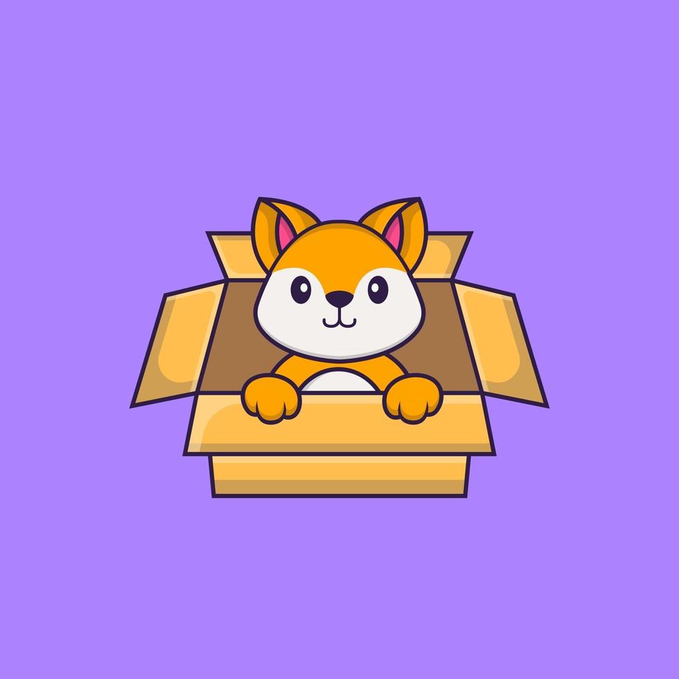 Cute fox Playing In Box. Animal cartoon concept isolated. Can used for t-shirt, greeting card, invitation card or mascot. Flat Cartoon Style vector