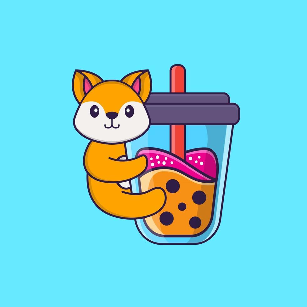 lindo zorro bebiendo té con leche boba. aislado concepto de dibujos animados de animales. Puede utilizarse para camiseta, tarjeta de felicitación, tarjeta de invitación o mascota. estilo de dibujos animados plana vector