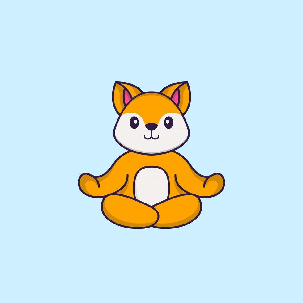Cute fox is meditating or doing yoga. Animal cartoon concept isolated. Can used for t-shirt, greeting card, invitation card or mascot. Flat Cartoon Style vector