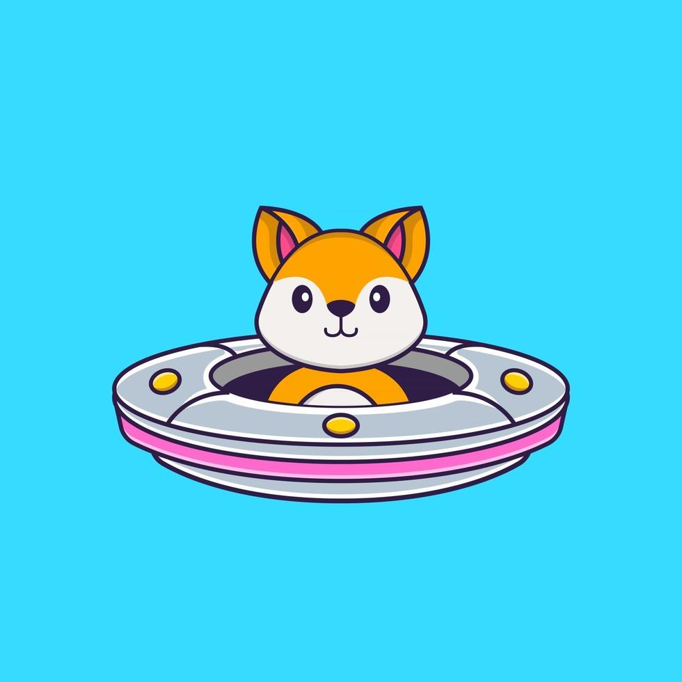 Cute fox Driving Spaceship Ufo. Animal cartoon concept isolated. Can used for t-shirt, greeting card, invitation card or mascot. Flat Cartoon Style vector
