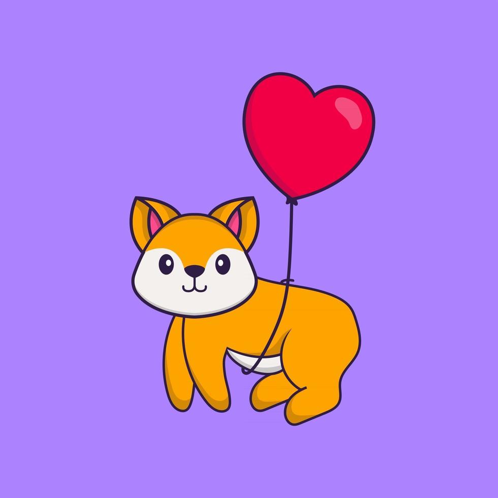 lindo zorro volando con globos en forma de amor. aislado concepto de dibujos animados de animales. Puede utilizarse para camiseta, tarjeta de felicitación, tarjeta de invitación o mascota. estilo de dibujos animados plana vector