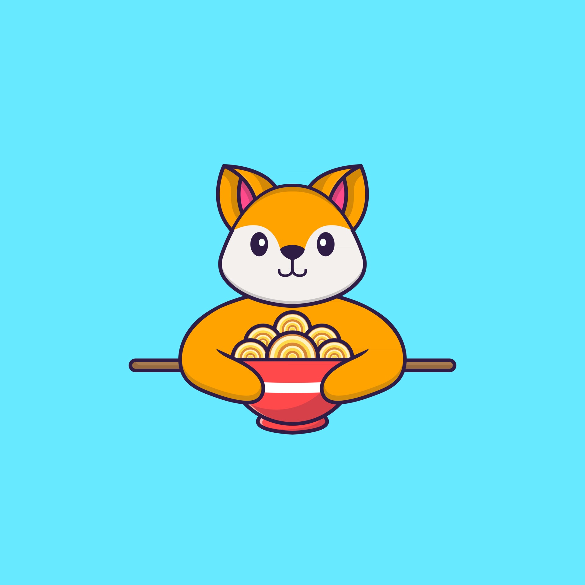 Cute fox eating ramen noodles. Animal cartoon concept isolated. Can used for tshirt, greeting