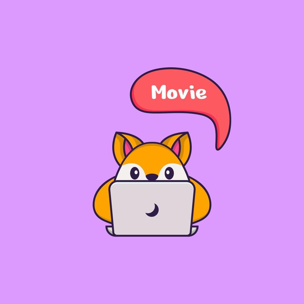 Cute fox is watching a movie. Animal cartoon concept isolated. Can used for t-shirt, greeting card, invitation card or mascot. Flat Cartoon Style vector