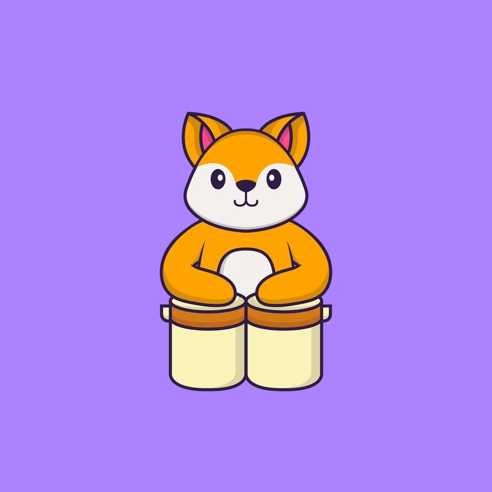 Cute fox is playing drums. Animal cartoon concept isolated. Can used for t-shirt, greeting card, invitation card or mascot. Flat Cartoon Style vector