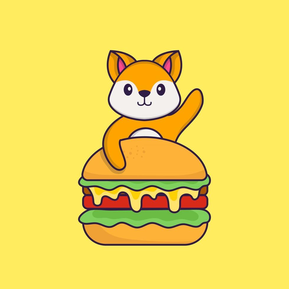 Cute fox eating burger. Animal cartoon concept isolated. Can used for t-shirt, greeting card, invitation card or mascot. Flat Cartoon Style vector