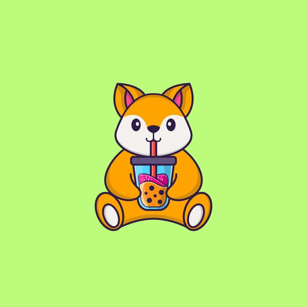 Cute fox Drinking Boba milk tea. Animal cartoon concept isolated. Can used for t-shirt, greeting card, invitation card or mascot. Flat Cartoon Style vector