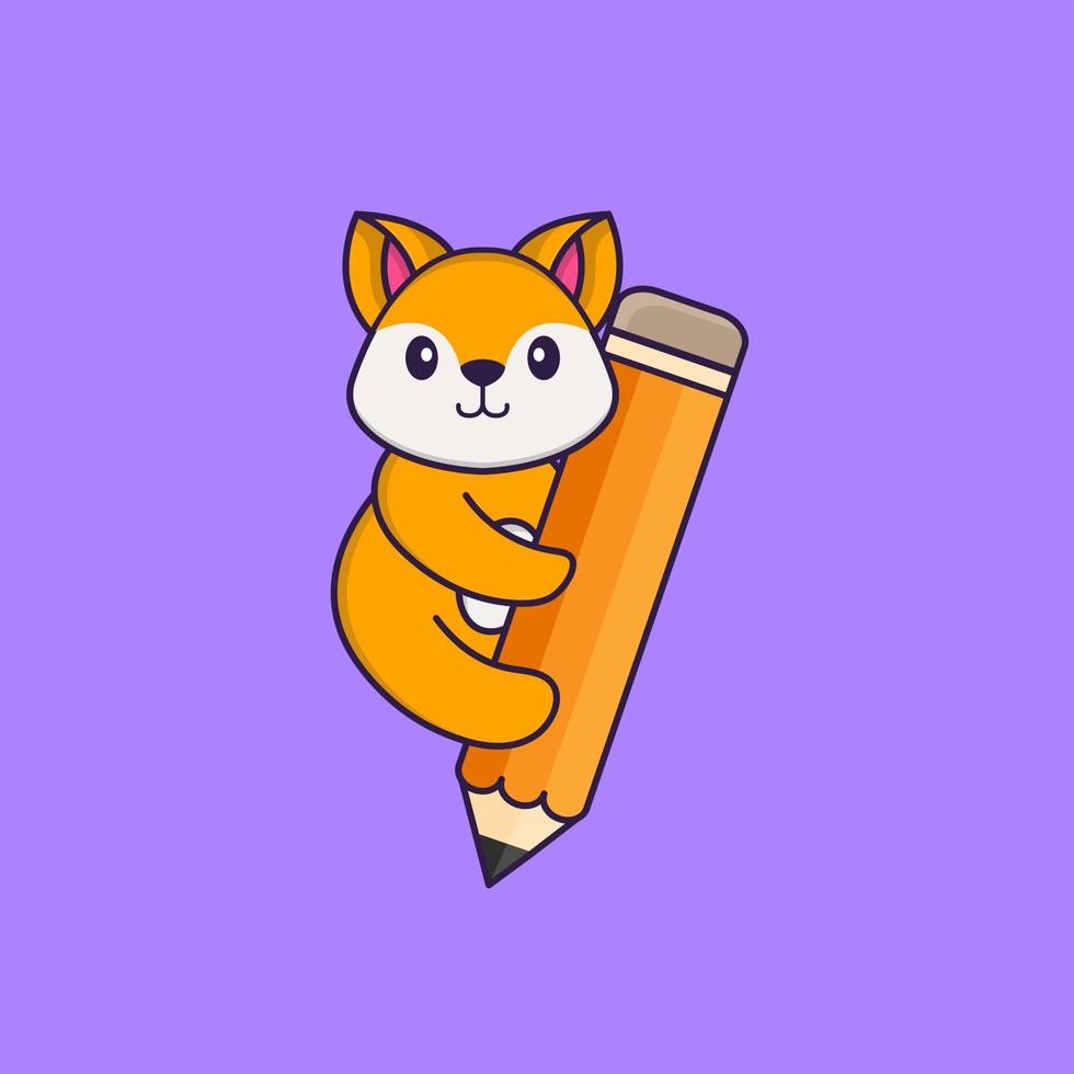 Cute fox holding a pencil. Animal cartoon concept isolated. Can used for t-shirt, greeting card, invitation card or mascot. Flat Cartoon Style vector