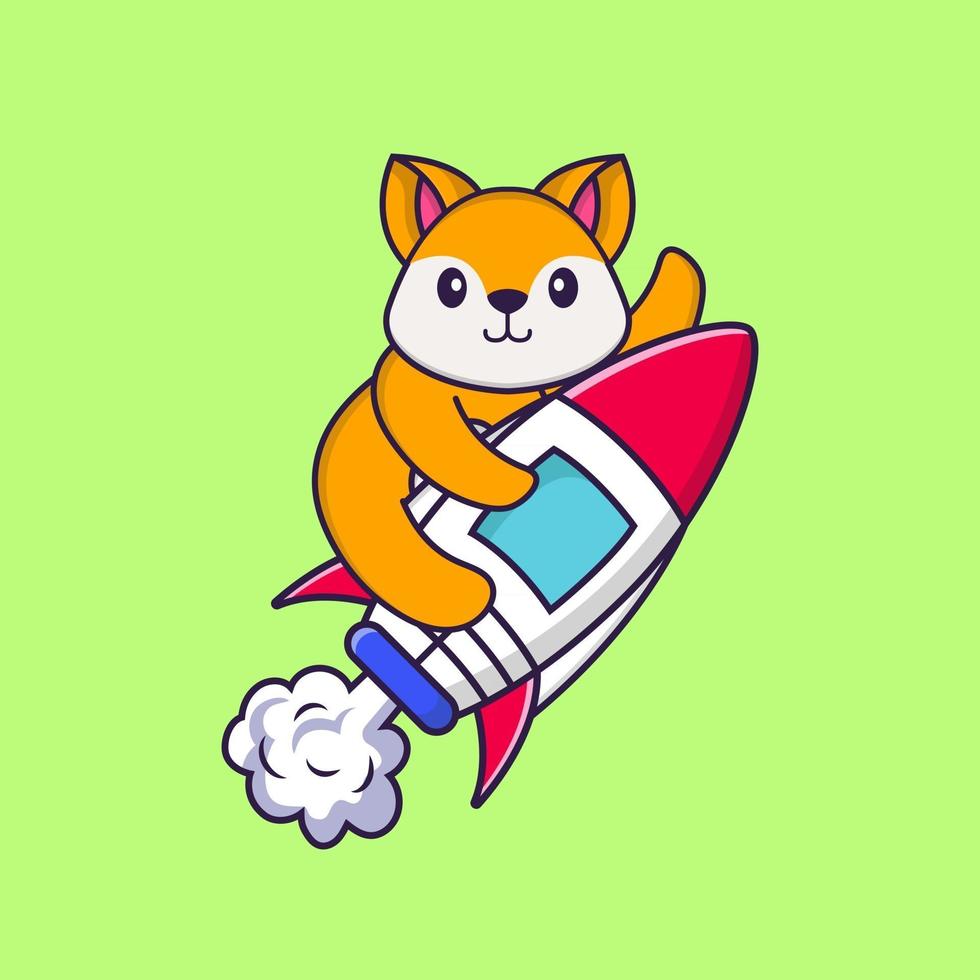 Cute fox flying on rocket. Animal cartoon concept isolated. Can used for t-shirt, greeting card, invitation card or mascot. Flat Cartoon Style vector