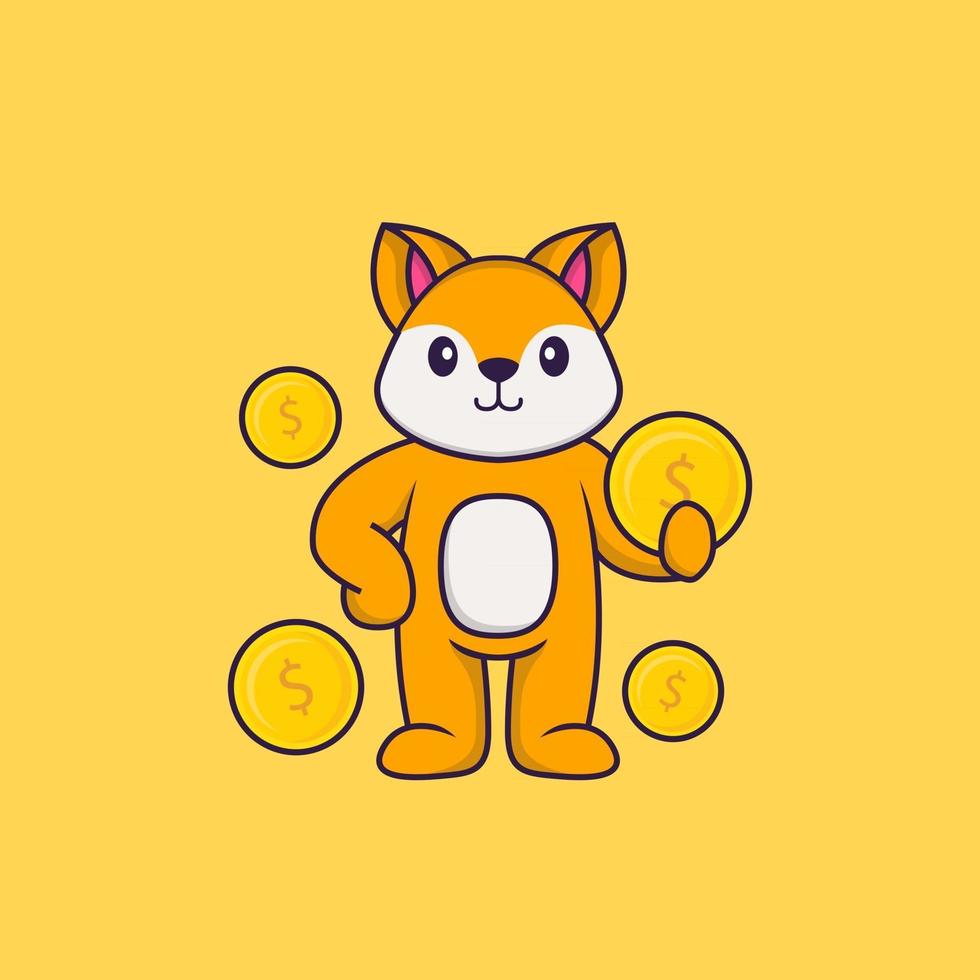 Cute fox holding coin. Animal cartoon concept isolated. Can used for t-shirt, greeting card, invitation card or mascot. Flat Cartoon Style vector