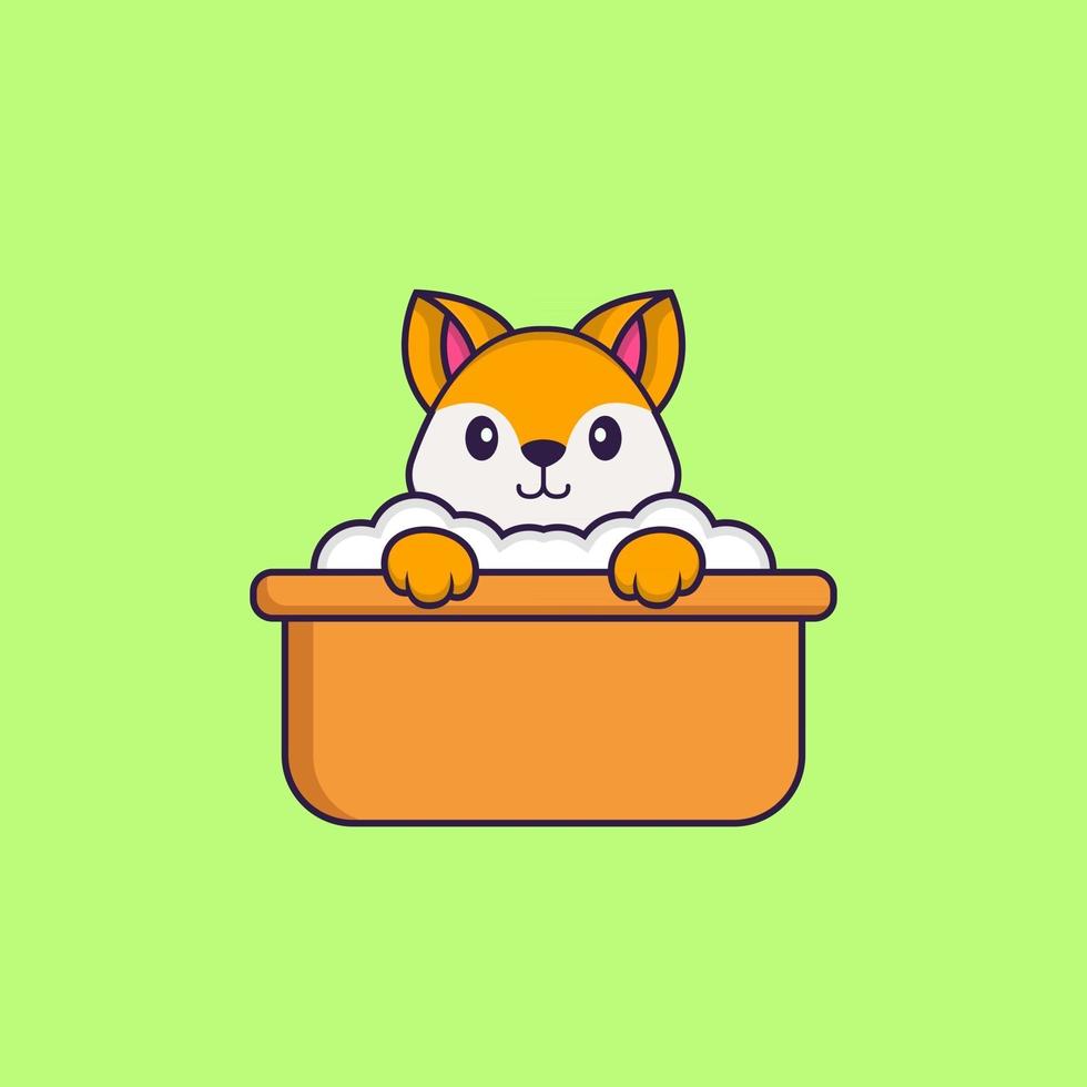 Cute fox taking a bath in the bathtub. Animal cartoon concept isolated. Can used for t-shirt, greeting card, invitation card or mascot. Flat Cartoon Style vector