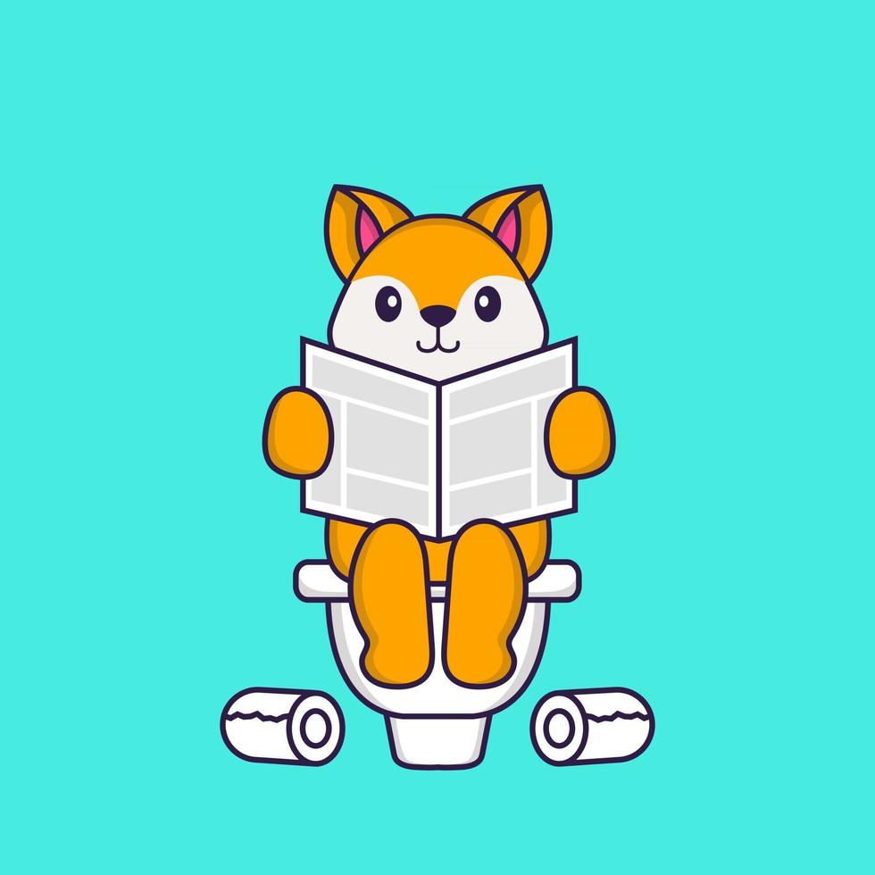 Cute fox Pooping On Toilet and read newspaper. Animal cartoon concept isolated. Can used for t-shirt, greeting card, invitation card or mascot. Flat Cartoon Style vector