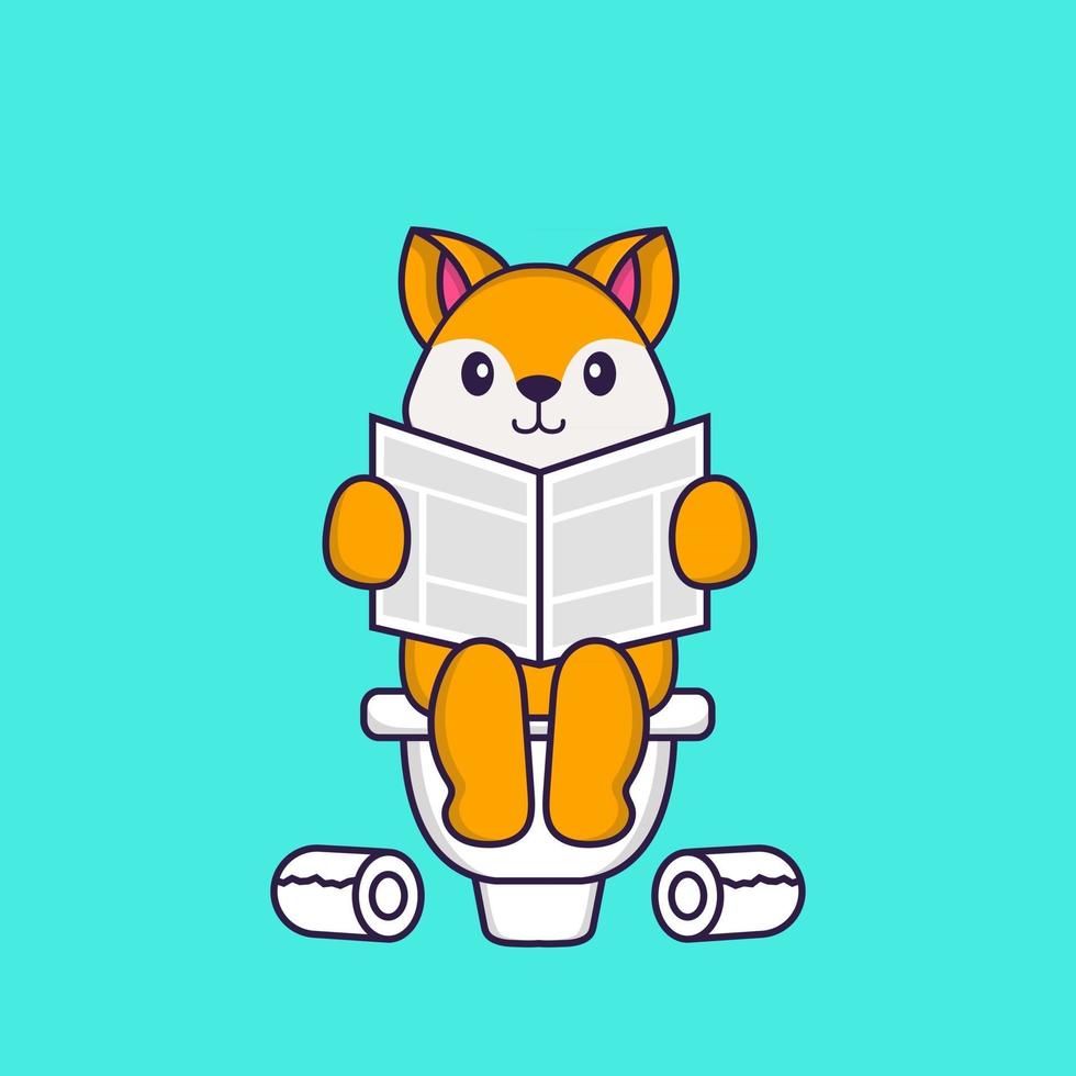 Cute fox Pooping On Toilet and read newspaper. Animal cartoon concept isolated. Can used for t-shirt, greeting card, invitation card or mascot. Flat Cartoon Style vector