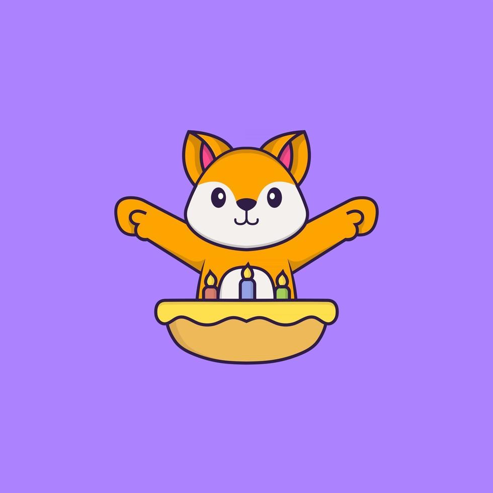 Cute fox with birthday cake. Animal cartoon concept isolated. Can used for t-shirt, greeting card, invitation card or mascot. Flat Cartoon Style vector