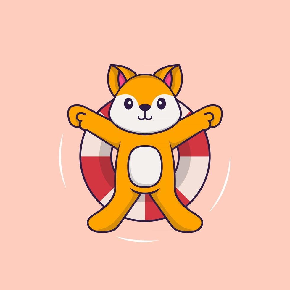 Cute fox is Swimming with a buoy. Animal cartoon concept isolated. Can used for t-shirt, greeting card, invitation card or mascot. Flat Cartoon Style vector